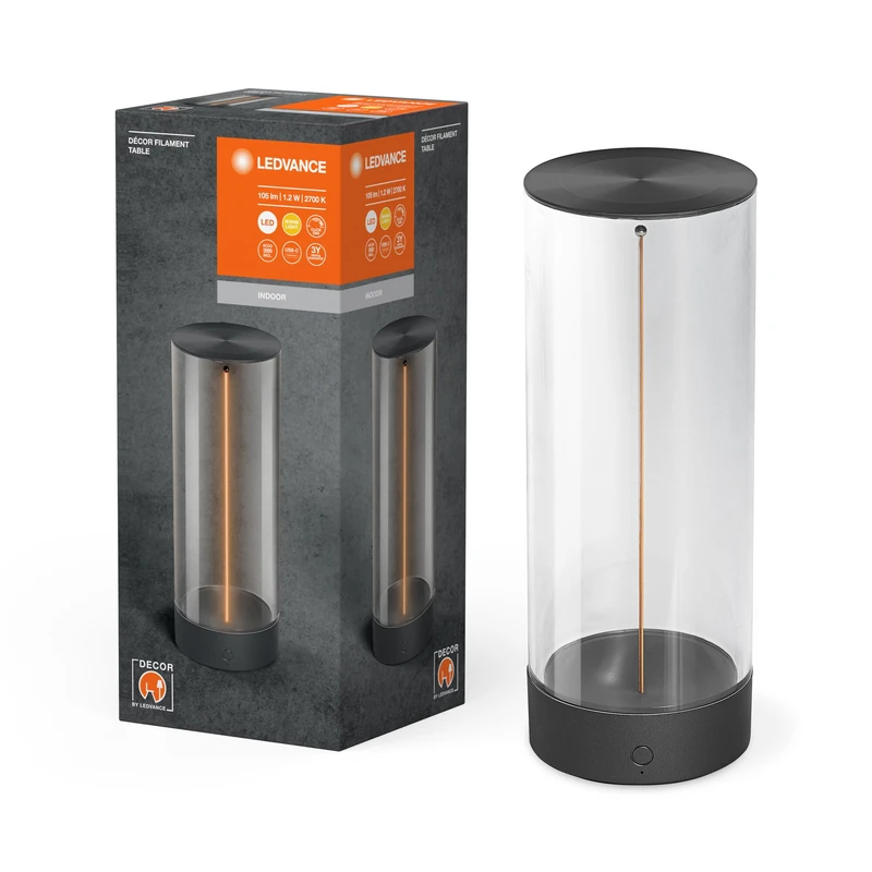 Ledvance Decor Filament LED Table Lamp 240 mm, Dark Grey, 1.2 W, 105 lm, Wireless, Modern Filament Design, Individual Brightness Control, Dimmable, Touch Technology, Lithium Battery, IP20, 2700 K