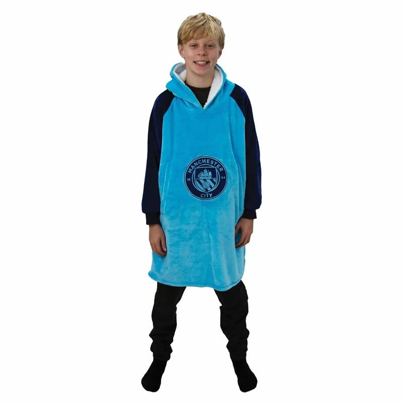 Character World Hugzee Oversized Hooded Wearable Fleece Blanket | Super Warm and Cosy Premium Sherpa Lined, Manchester City FC Design, Perfect For Kids Aged 7-12 Years, One Size Suggested Height 75cm+
