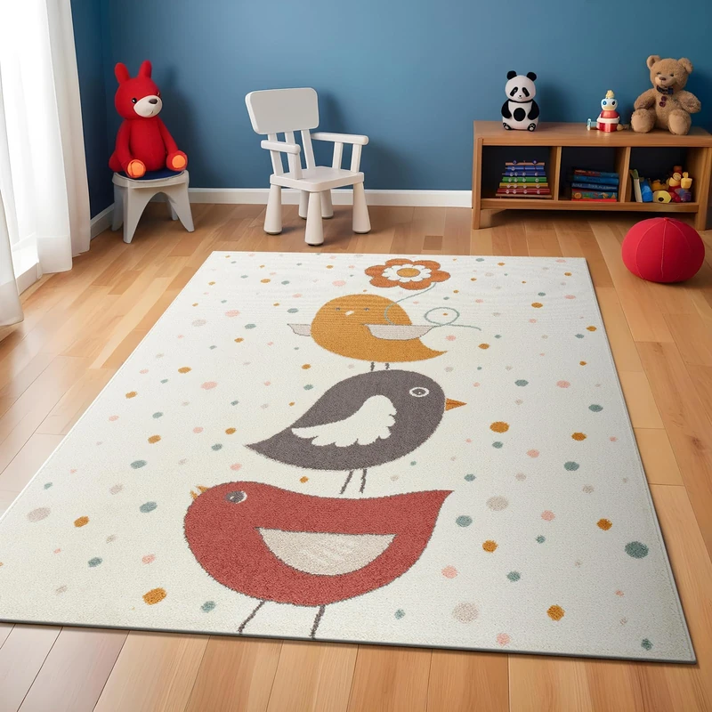 Livabliss Birds Kids Rug - Childrens Rugs for Bedroom 160x213 cm, Animal Kids Carpet for Girls & Boys Bedroom, Playroom and Nursery Rugs, Baby Rug for Girl or Boy Room, Ivory, Mustard, Pink