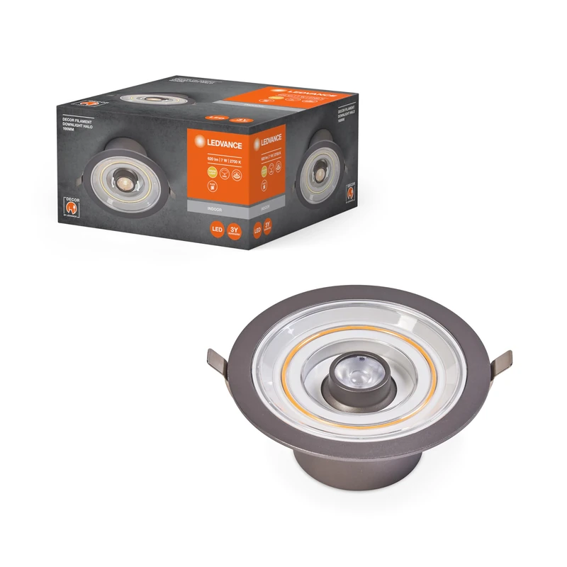 Ledvance Decor FIL DL Halo Downlight 166 mm, Silver, 7 W, 620 lm, Wireless, Modern Filament Design, Individual Brightness Control, Dimmable, Separately Switchable Filament Light Rings, IP20, 2700 K