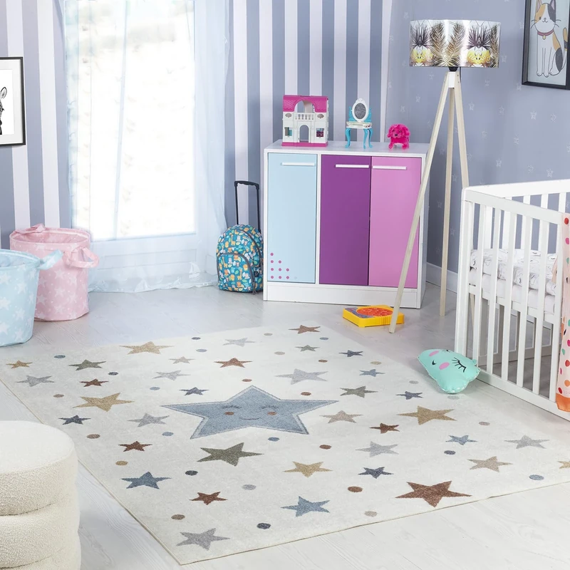 Livabliss Stars Washable Kids Rug - Childrens Rugs for Bedroom 160x213 cm, Machine Washable Animal Rug for Girls & Boys Bedroom, Playroom and Nursery Rugs - Girl, Boy, Baby, Kids Carpet, Cream
