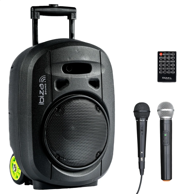 Ibiza - PORT8VHF-MKII-TWS - Portable speaker 8"/400W MAX with 1 wired mic and 1 VHF mic, remote control and accessory pouch - Bluetooth, USB, SD & TWS - 6-8 hours autonomy
