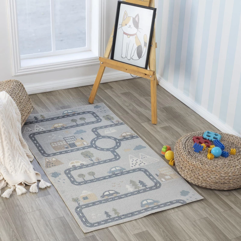 Livabliss Road Track Kids Rug - Washable 80x150 cm Grey