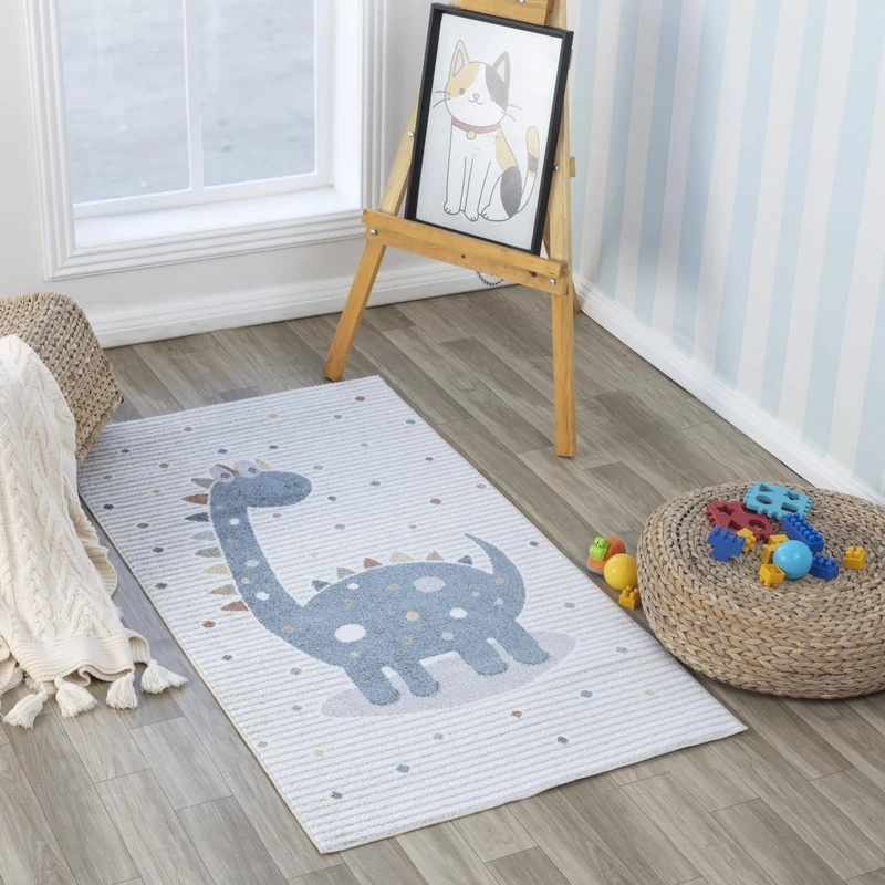 Livabliss Dinosaur Washable Kids Rug - Childrens Rugs for Bedroom 80x150 cm, Machine Washable Animal Rug for Girls and Boys Bedroom, Playroom and Nursery Rugs - Girl, Boy, Baby, Kids Carpet, Cream