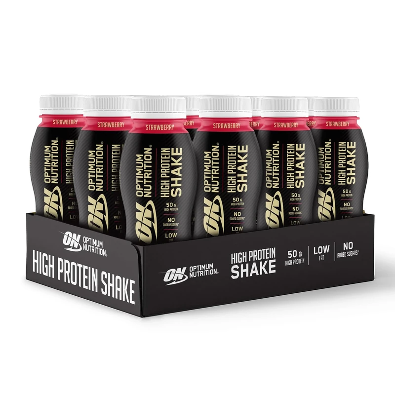 ON High Protein Shake Bottles, Ready To Drink Healthy Snacks, No added sugars, low fat, Post Workout Snack for Men and Women, Strawberry Flavour, 12x500ml, Packaging may vary