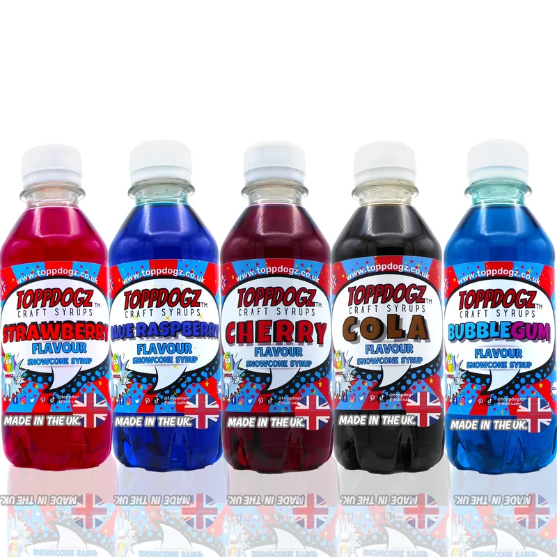ToppDogz Ninja Slushi Syrup for Slush Puppy Machine, Snowcones|Glycerol Free|Top 5 pack|Blue Raspberry, Strawberry, Cherry, Cola, Blue Bubblegum 5 x 250ml slushy slushie