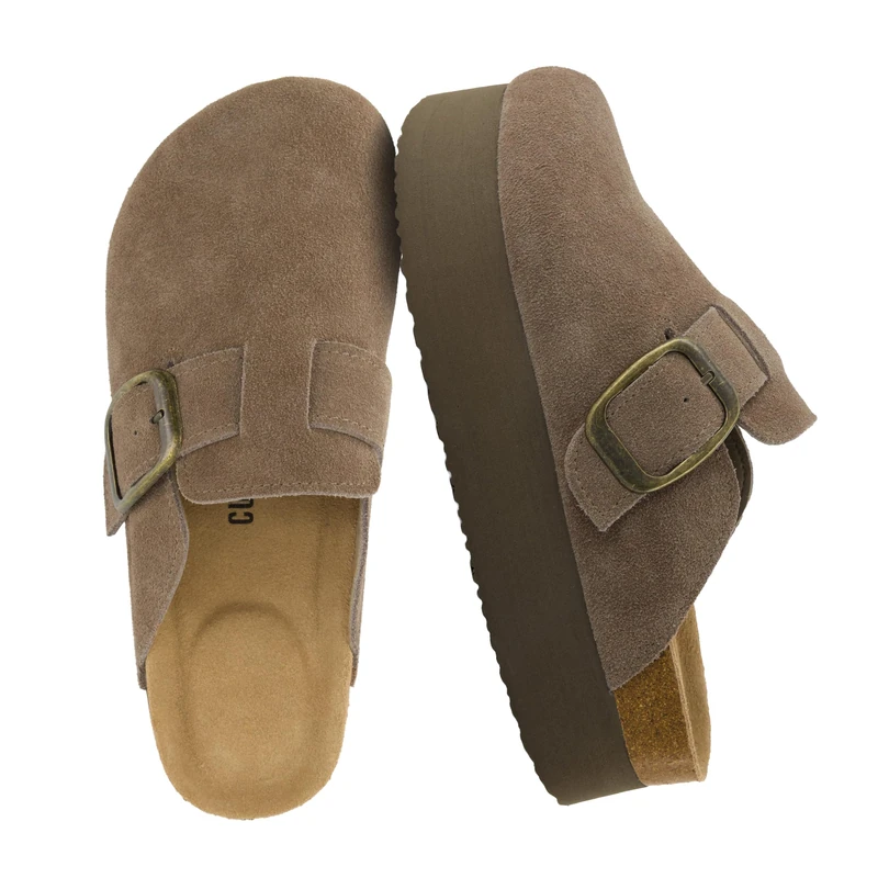 CUSHIONAIRE Women's Granola Genuine Suede Cork Footbed Platform Clog with +Comfort, Wide Widths Available, Taupe 7 UK - Image 1
