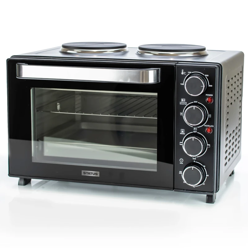 STATUS Amarillo Mini Oven, 25L Black Countertop Cooker with Grill Function and Dual Hotplates, 1400W Compact Electric Oven with 60‑Minute Timer, (AMARILLO1PKB)