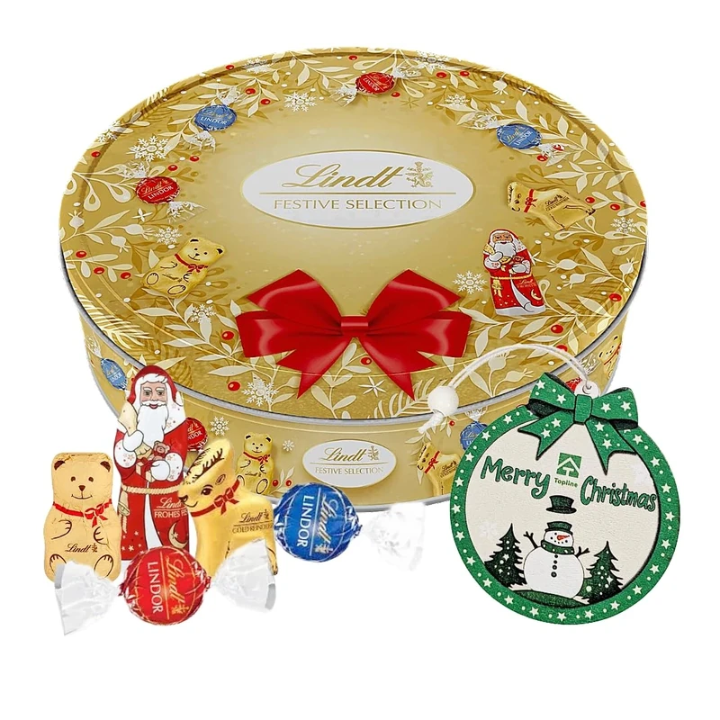 Festive Lindt Chocolate Gifts for Couples - Golden Wreath Festive Selection of Chocolate Truffles Tin Gift 400g with Christmas Tree Decoration. Christmas Gifts for Women, Stocking Fillers