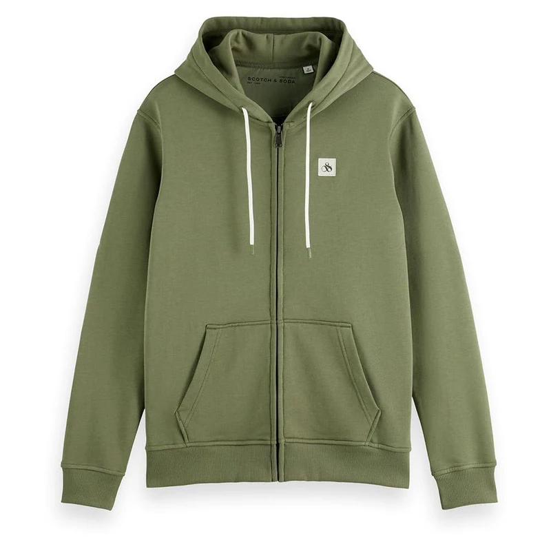 Scotch & Soda Men's Essential Badge Logo Zip Through Hooded Sweatshirt, Green Ivy, S
