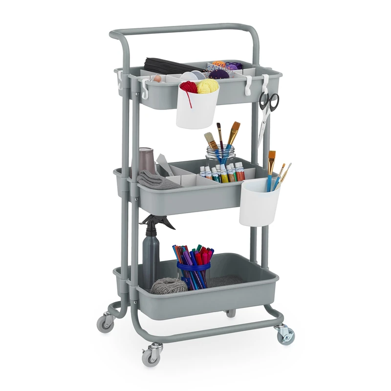 Relaxdays Storage Trolley, 3 Shelves, Cart for Kitchen, Bathroom & Office, Rolling Shelf, HWD: 86 x 42.5 x 36 cm, Grey