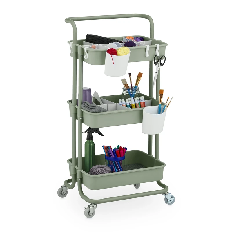 Relaxdays Storage Trolley, 3 Shelves, Cart for Kitchen, Bathroom & Office, Rolling Shelf, HWD: 86 x 42.5 x 36 cm, Green, Steel