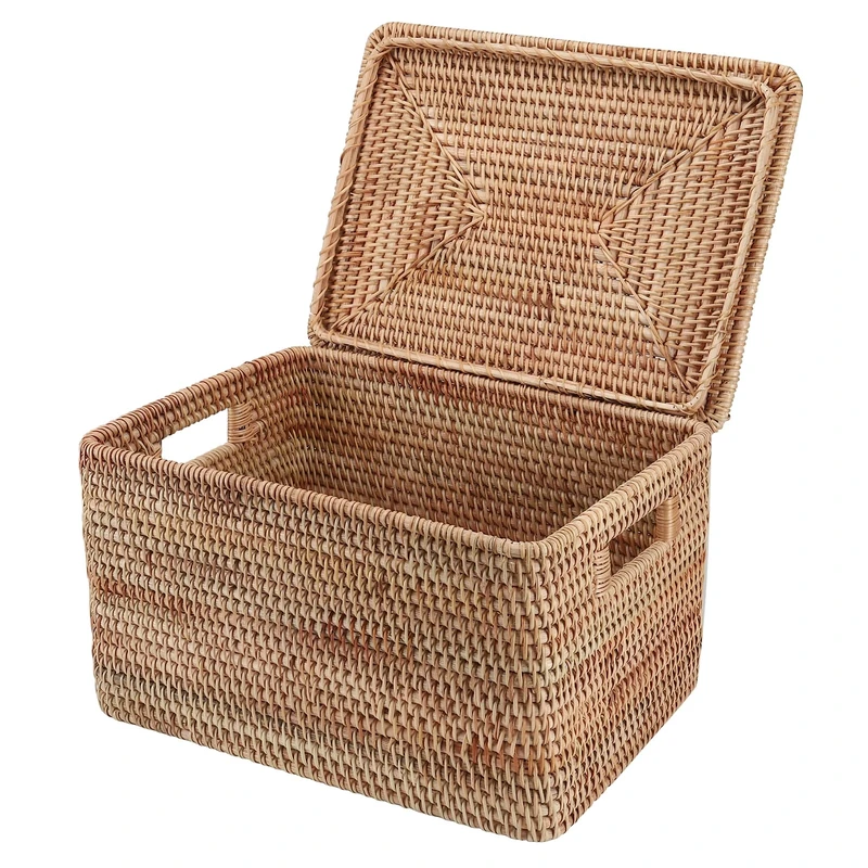 FIYAMMY Rattan Basket With Lid, Large Lidded Basket For Storage Square Rattan Box(15.75" L×14.17" W×11.81" H)