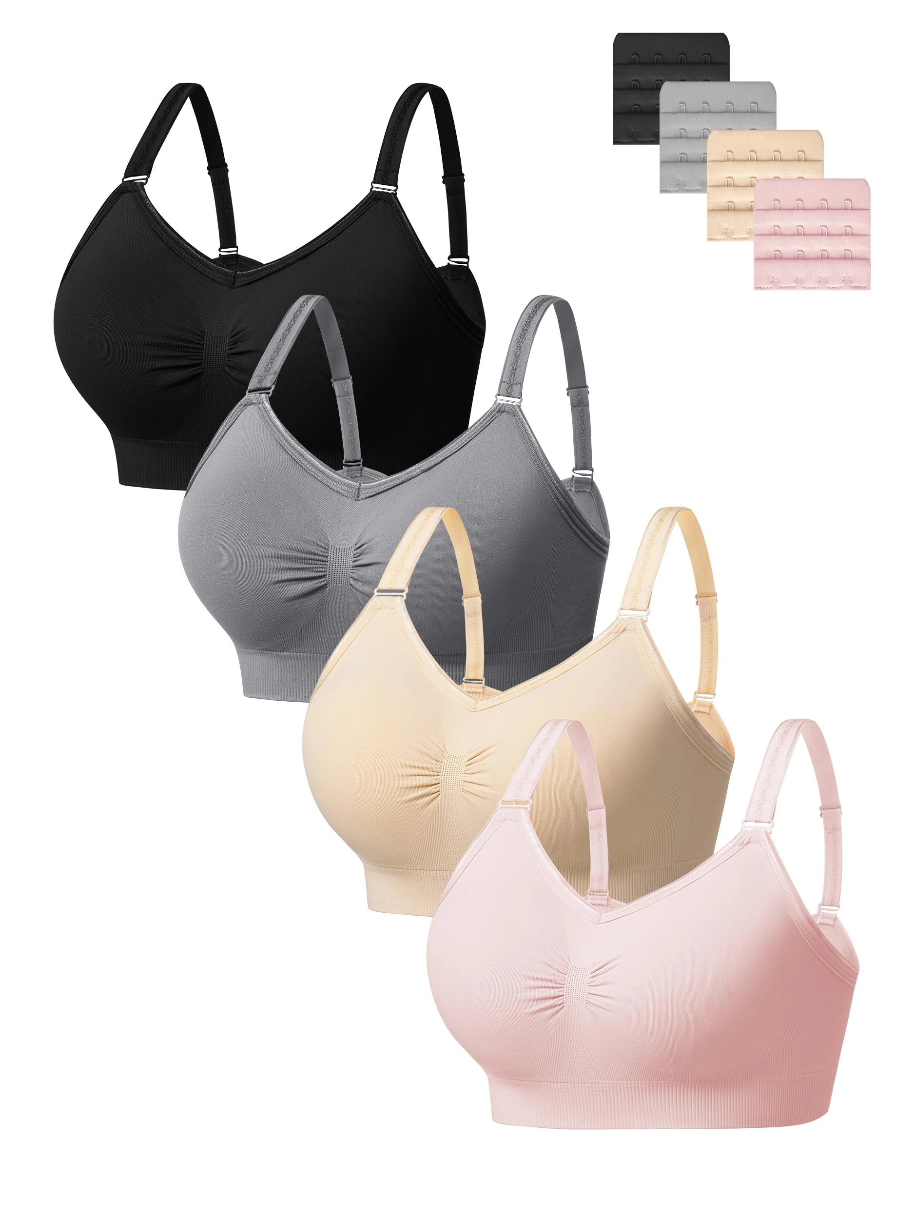 HBselect 4 Pack Full Coverage Wireless Bras, Soft Seamless Bra Sets for Women, Comfortable Support Bralette with Removable Padded and Extra Extenders