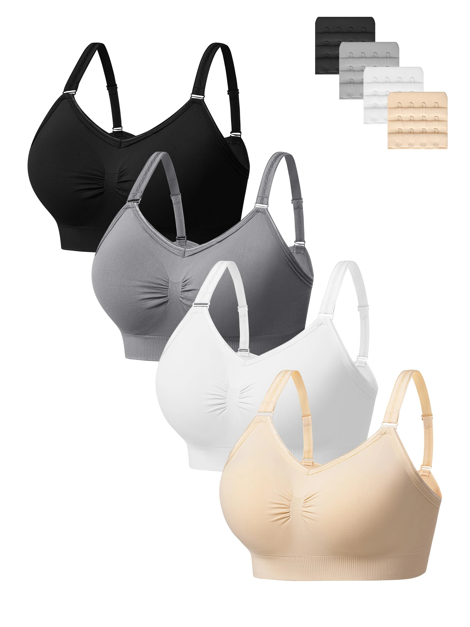 HBselect 4 Pack Full Coverage Wireless Bras, Soft Seamless Bra Sets for Women, Comfortable Support Bralette with Removable Padded and Extra Extenders