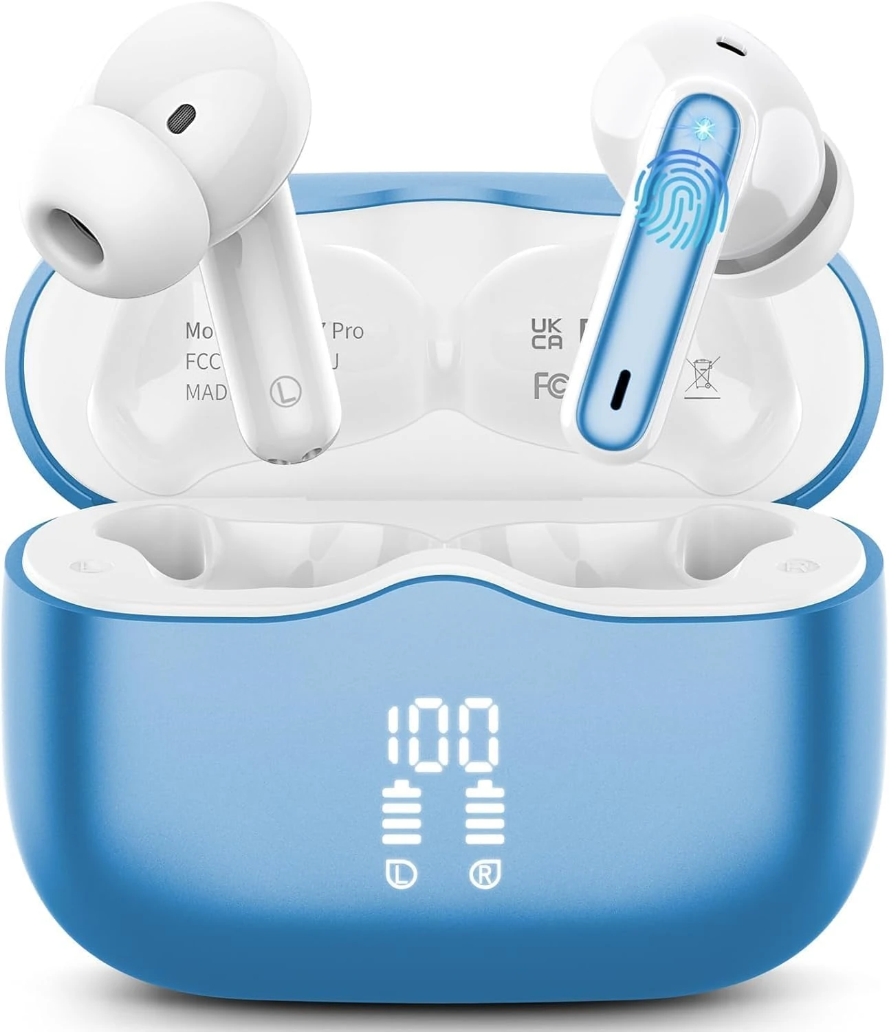 Wireless Earbuds, Bluetooth 5.3 Headphones in Ear with HiFi Stereo Deep Bass, 4 ENC Noise Cancelling Mic Wireless Earphones 40H Playtime, Bluetooth Earbuds Dual LED Display, IP7 Waterproof, Lake Blue