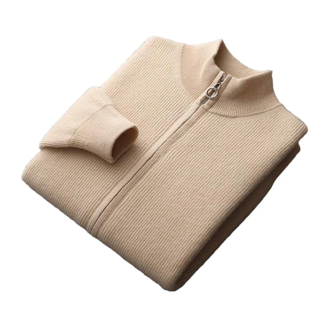 Haitpant Men's Knit Cashmere Cardigan Middle-Aged Stand-Up Collar Zip Sweater Coat Autumn Winter Thick 100% Wool Jacket Beige