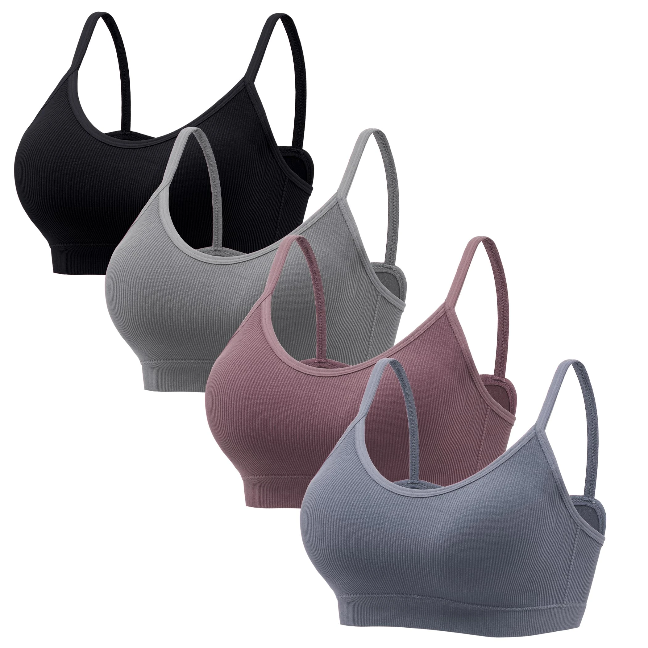 HBselect 4 Pack Non Wired Bras for Women V Neck Wireless Bralettes Seamless T-Shirt Bras with Removable Pads Wirefree Bras for Ladies Girls Black/Grey/Heather/Grey Blue