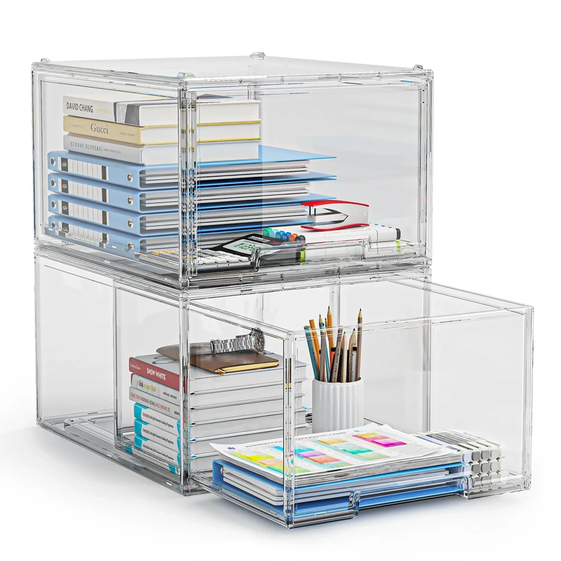 2 Packs Plastic Stackable Storage Drawers, Clear Desktop Drawer Organizers, 2 Drawer Storage Organizer, Make up Organizer with Drawers, Arcylic Drawers Organizer for Office Supplies, School, Home