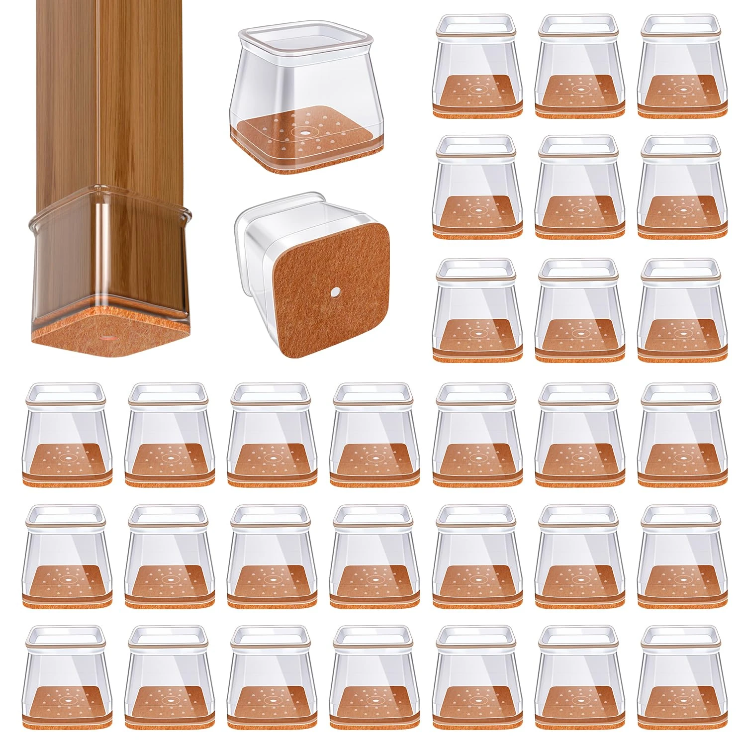 32 Pcs Square Chair Leg Floor Protectors for Hardwood Floors Clear Silicone Covers to Protect Wood Tile Floors Felt Pads Furniture Leg Caps(Fit 40-55mm)