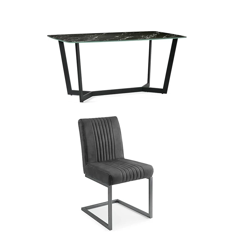 Julian Bowen Set of Olympus Black Marble Dining Table & 6 Brooklyn Charcoal Chairs