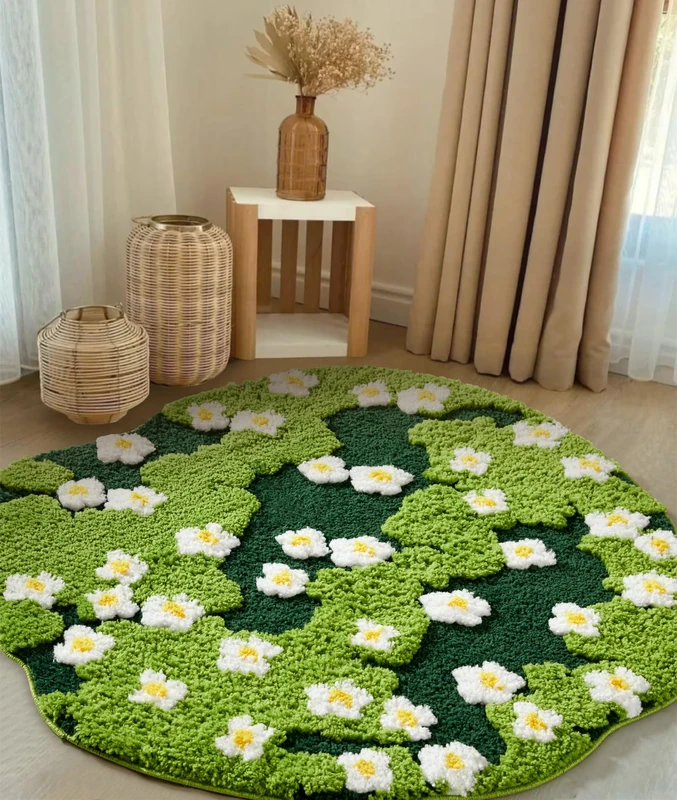 Ouyattle Large Green Floral Pattern Bath Mat Non-Slip Washable Modern Elegant Bohemian Aesthetic Fashion Microfiber Fluffy Bathroom Rug for Bedroom Baby Room - Image 1