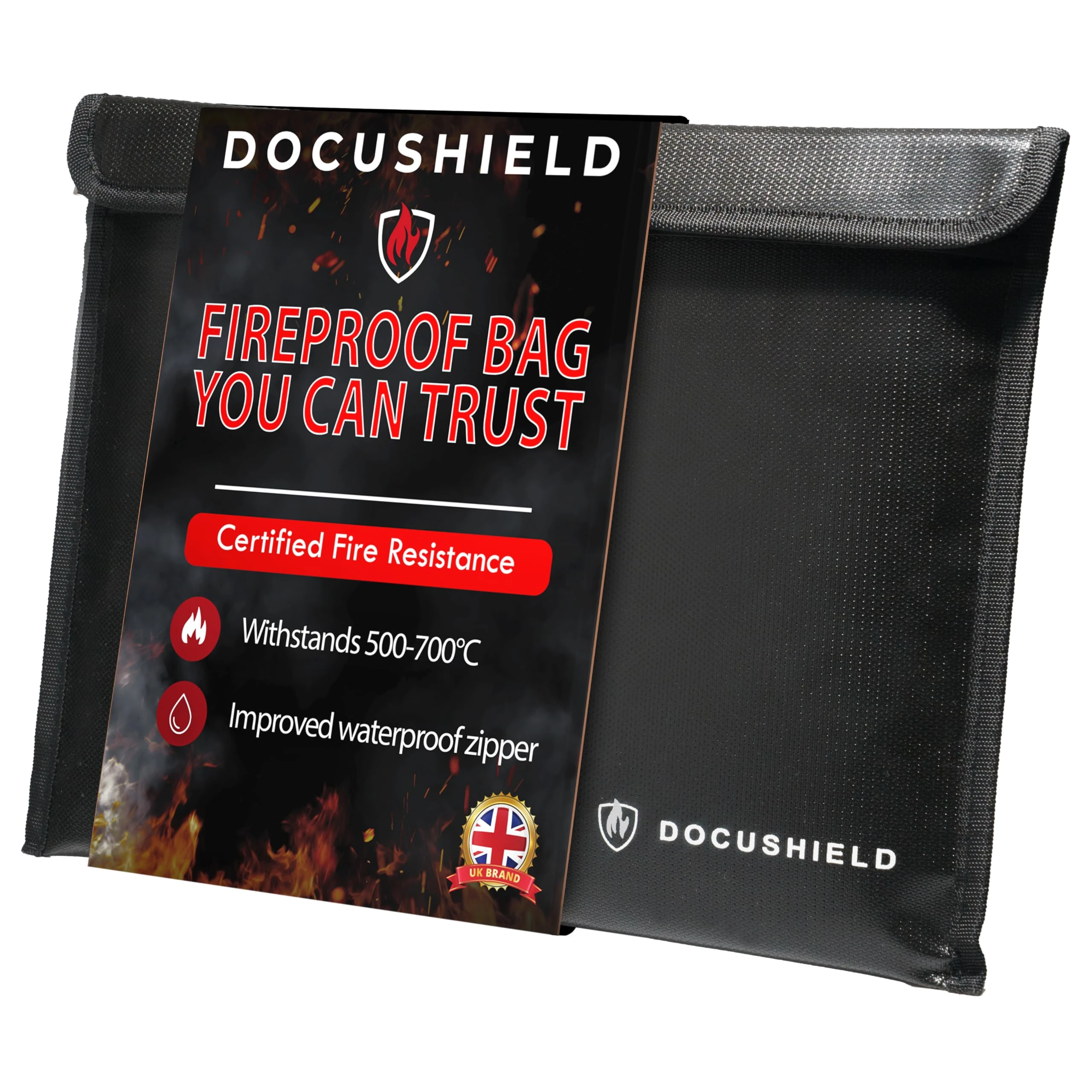 DocuShield Fireproof & Water Resistant Document Bag | Protective Wallet for A4 Documents & Money Storage | Fire and Water Damage Protection | UK Brand | Fibreglass Fabric | Waterproof Zipper