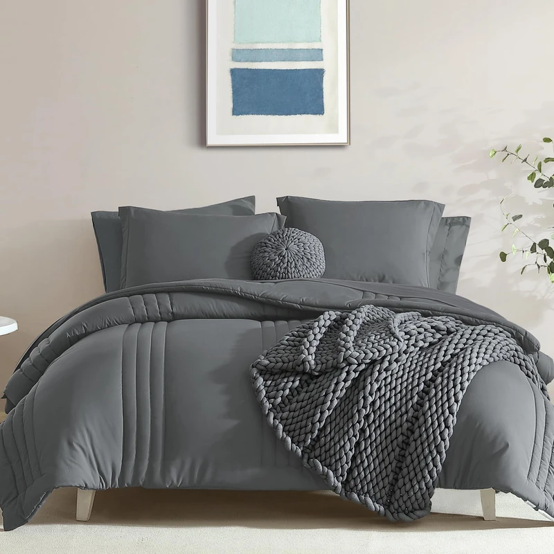 Full Size Comforter Set-7 Pieces Grey Soft Bed in a Bag Full Bedding Sets