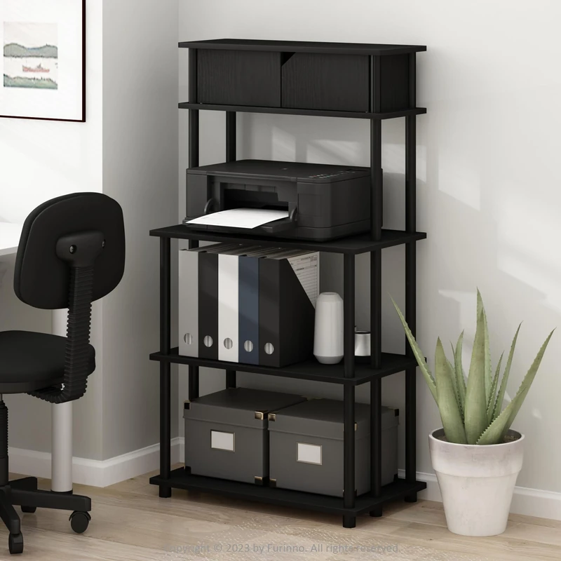 Furinno TURN-N-TUBE Printer Stand with Storage, 5-Tier Large Printer Stand, Standing Printer Table with Top Cabinet, for CPU, Office Supplies, Home Office, Americano - Image 1
