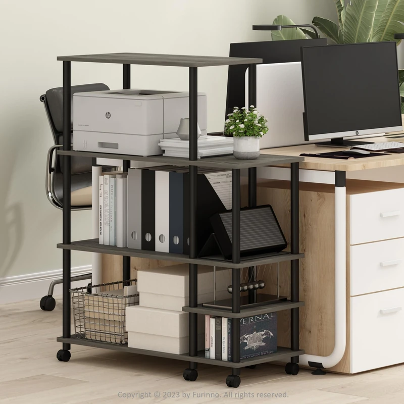 Furinno Turn-N-Tube Printer Stand, Wide 4-Tier Printer Table with with Storage Shelf and Casters, Open Frame Standing Shelf, for CPU, Office Supplies, Home Office, French Oak Grey - Image 1