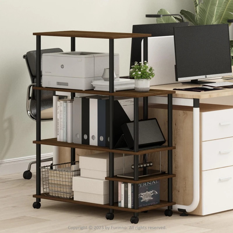 Furinno TURN-N-TUBE Printer Stand, Wide 4-Tier Printer Table with with Storage Shelf and Casters, Open Frame Standing Shelf, for CPU, Office Supplies, Home Office, Columbia Walnut