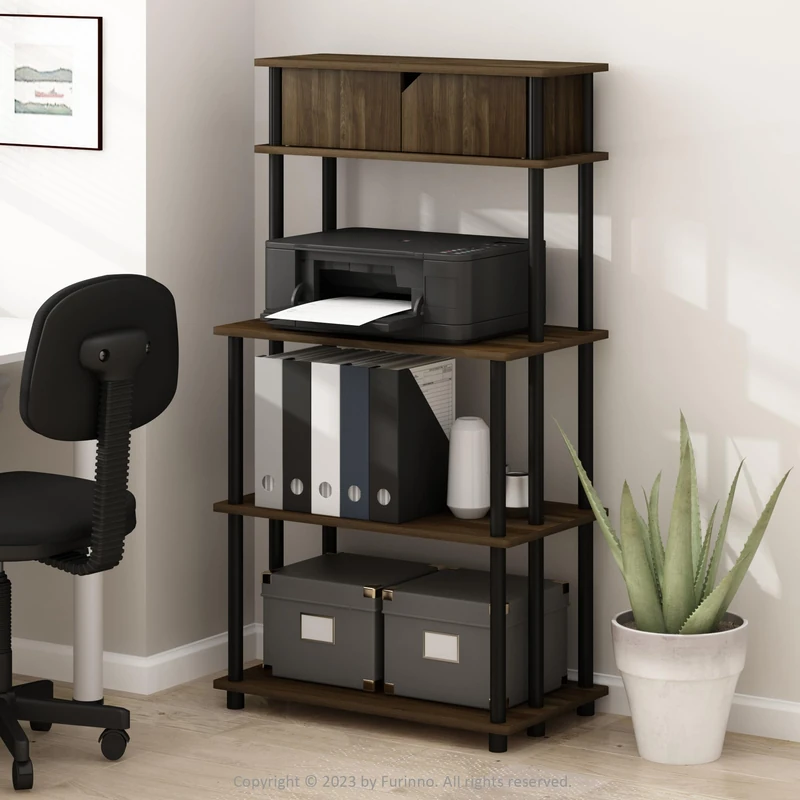 Furinno TURN-N-TUBE Printer Stand with Storage, 5-Tier Large Printer Stand, Standing Printer Table with Top Cabinet, for CPU, Office Supplies, Home Office, Columbia Walnut - Image 1
