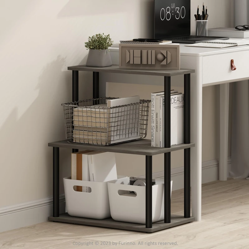 Furinno TURN-N-TUBE Printer Stand, 3-Tier Printer Table with with Storage Shelf, Open Frame Standing Shelf, for CPU, Office Supplies, Home Office, French Oak Grey
