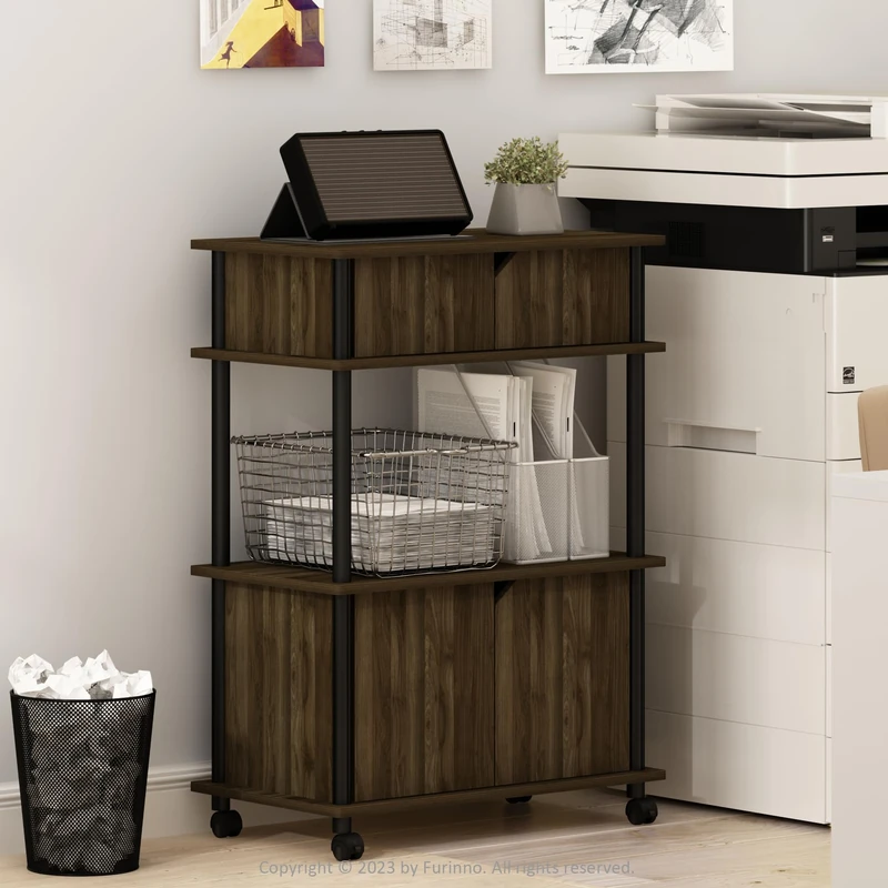 Furinno Turn-N-Tube Printer Stand with Storage, 4-Tier Printer Table with with Storage Cabinet and Casters, Open Frame Standing Shelf, for CPU, Office Supplies, Home Office, Columbia Walnut - Image 1