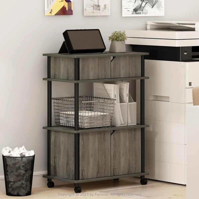 Furinno Turn-N-Tube Printer Stand with Storage, 4-Tier Printer Table with with Storage Cabinet and Casters, Open Frame Standing Shelf, for CPU, Office Supplies, Home Office, French Oak Grey