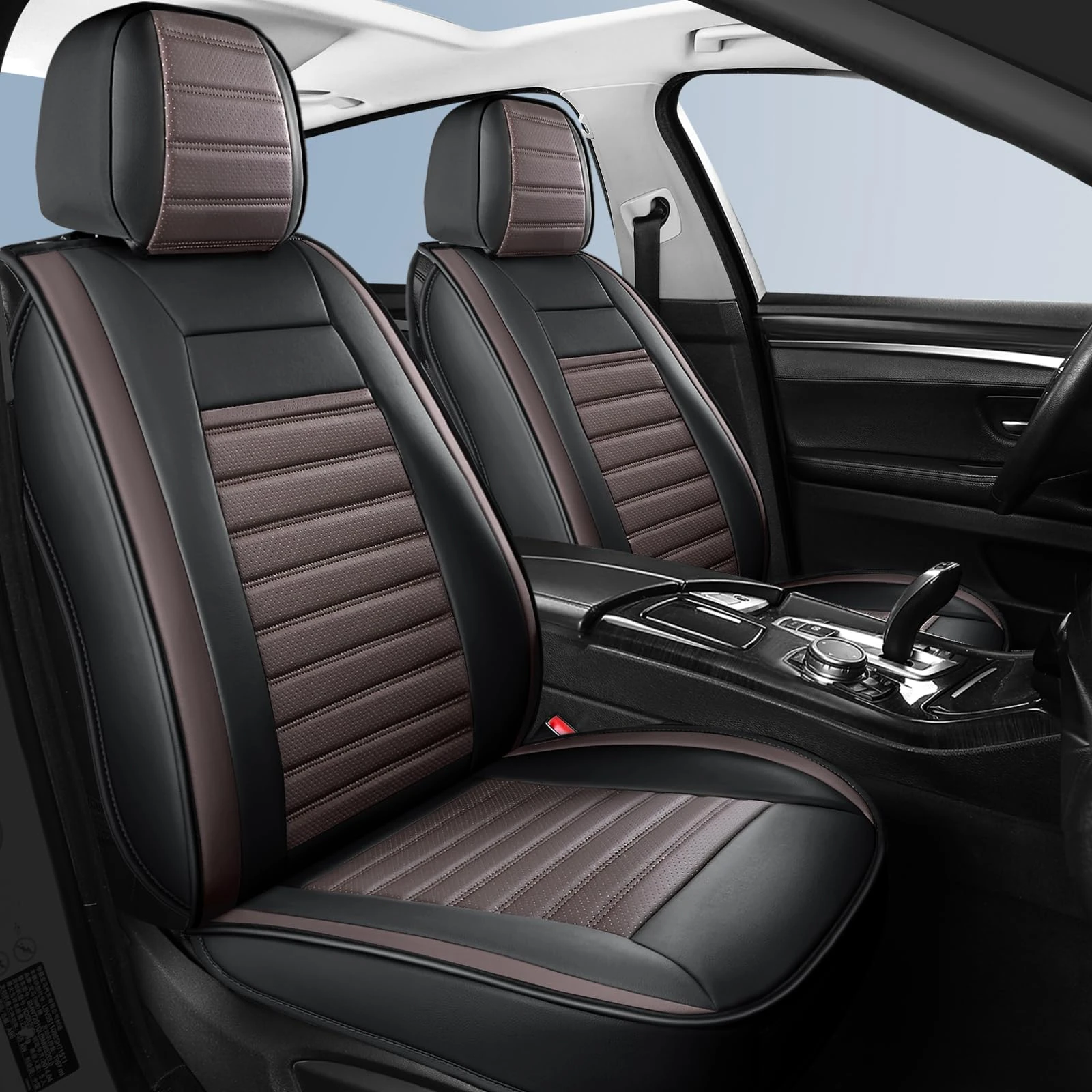 HChengkikz Car Seat Cover,Breathable Horizontal Stripes Napa Leather Automotive Seat Covers,Universal Auto Seat Covers for Cars Sedans SUV Pick-up Truck(Style2,2 PCS Front Seat,Black+Brown)