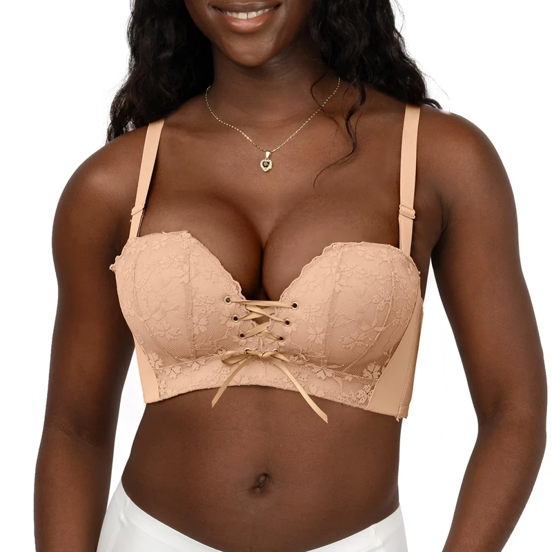 FallSweet Add Two Cups Lace Push Up Bra Ultra Padded Wireless Support Brassiere (Dark-Beige, 38D)