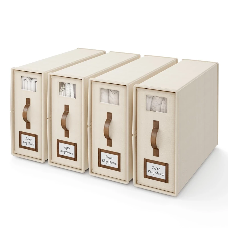 BigPonPon 4 Pack Foldable Bed Sheets Set Organizers and Storage(Super King Size),Folding Bedding Storage Box with Window,Sheets Set Folder Keeper for Bedsheets,Blanket Organizer,Beige, (CDSNX)