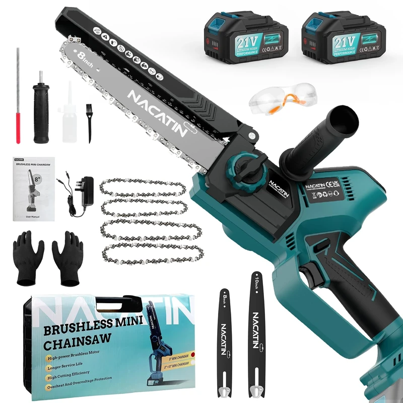 NACATIN Mini Chainsaw 8 Inch & 10 Inch, with Brushless Motor, 2x3.0AH Rechargeable Batteries with Dual Charger, Automatic Oiler, 3 Chains, Portable for Tree Pruning, Wood Cutting, and Trimming - Image 1