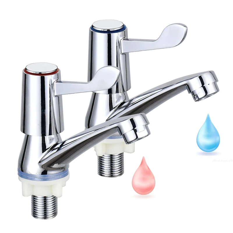 2pcs eTrademart Bathroom Basin Taps Pair, 1/2" BSP Chrome-Plated Brass Lever Sink Taps for Bathroom Basin & Kitchen, Separate Hot & Cold Tap Set with ¼ Turn Lever for Smooth Water Control