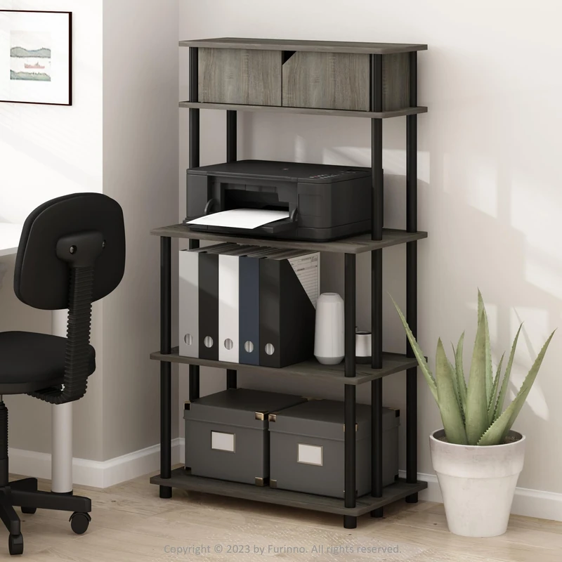 Furinno TURN-N-TUBE Printer Stand with Storage, 5-Tier Large Printer Stand, Standing Printer Table with Top Cabinet, for CPU, Office Supplies, Home Office, French Oak Grey - Image 1