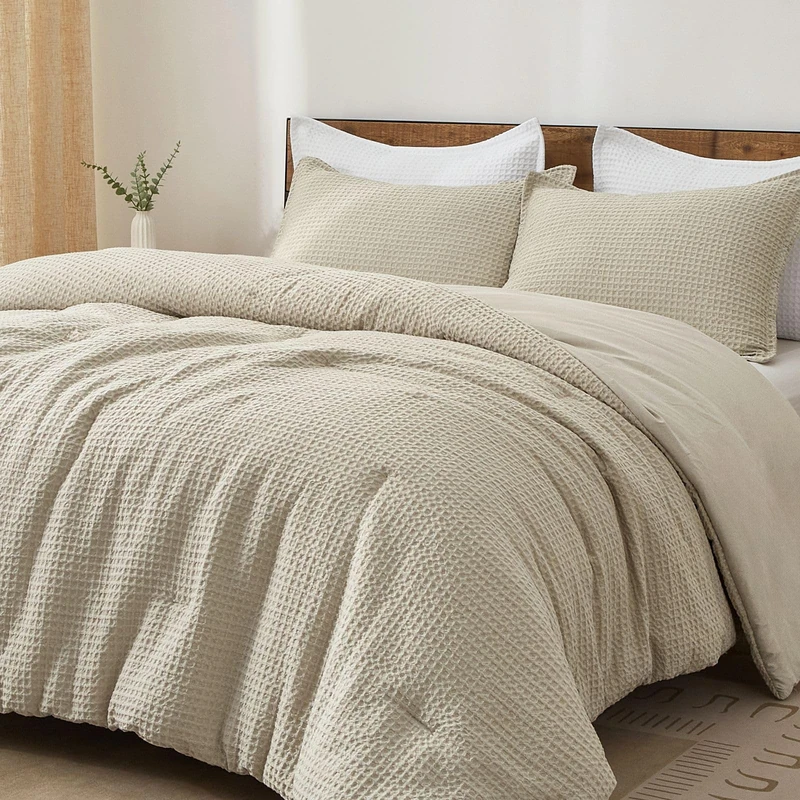 PHF Ultra Soft Waffle Weave Comforter Set Queen Size, 3 Pieces Lightweight Breathable Comfy Bedding Set, Comfy Textured 1 Comforter with 2 Pillow Shams, Linen