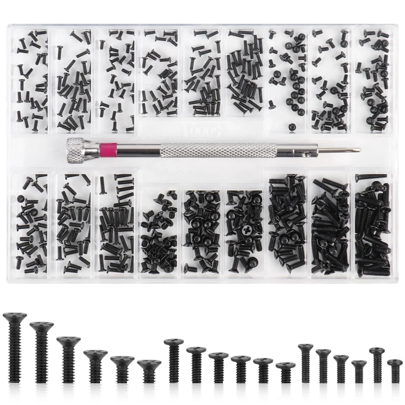 Micro Repair Screws, 500 Pcs Tiny Carbon Steel Mini Screws Assortment Kit, Self-Tapping Electronic Screws, for Glasses, Laptop, Watches, Clocks, Mobile Phone, with Screwdriver