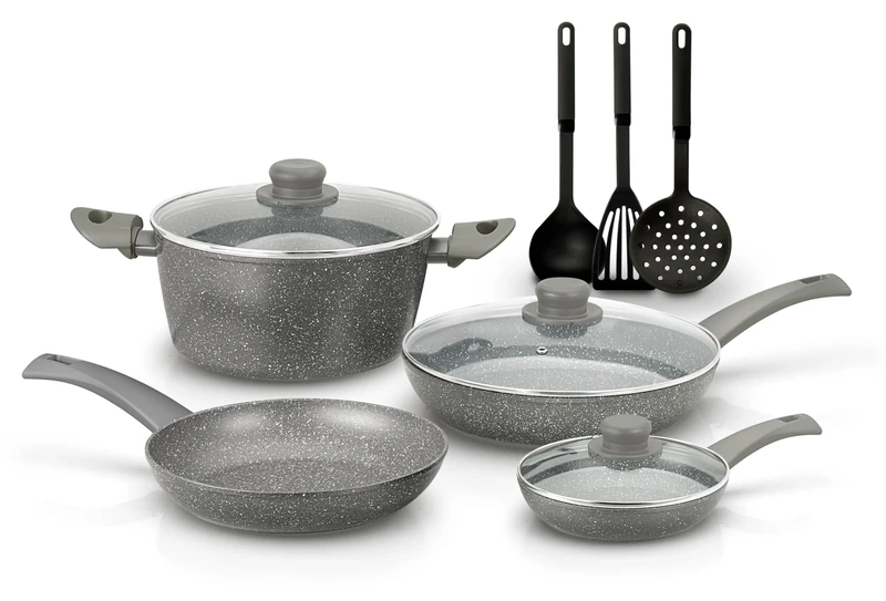 zanetti - Durapstone Induction Cookware Set of 10, 3 Frying Pans 20, 24, 28 cm, 3 Lids, Saucepan 24 cm, Fried Shovel, Skimmer and Ladle. for All Hobs Including Induction.