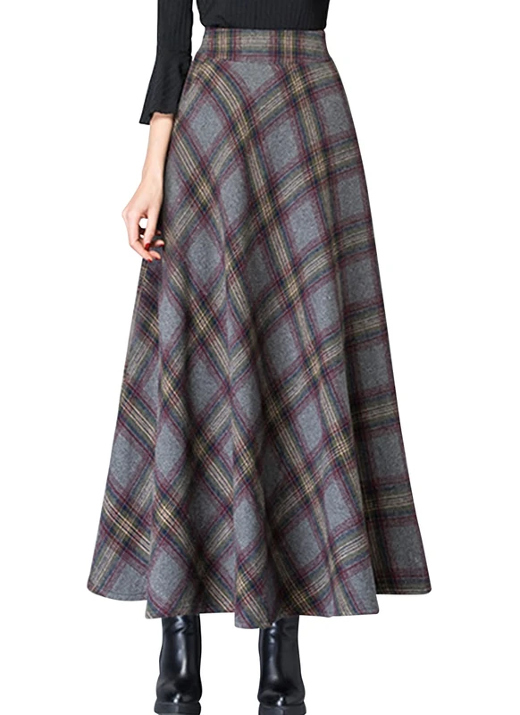 ebossy Women's Vintage High Waist Wool Blend Plaid A-Line Long Maxi Skirt with Pocket, Plaid Grey, XS