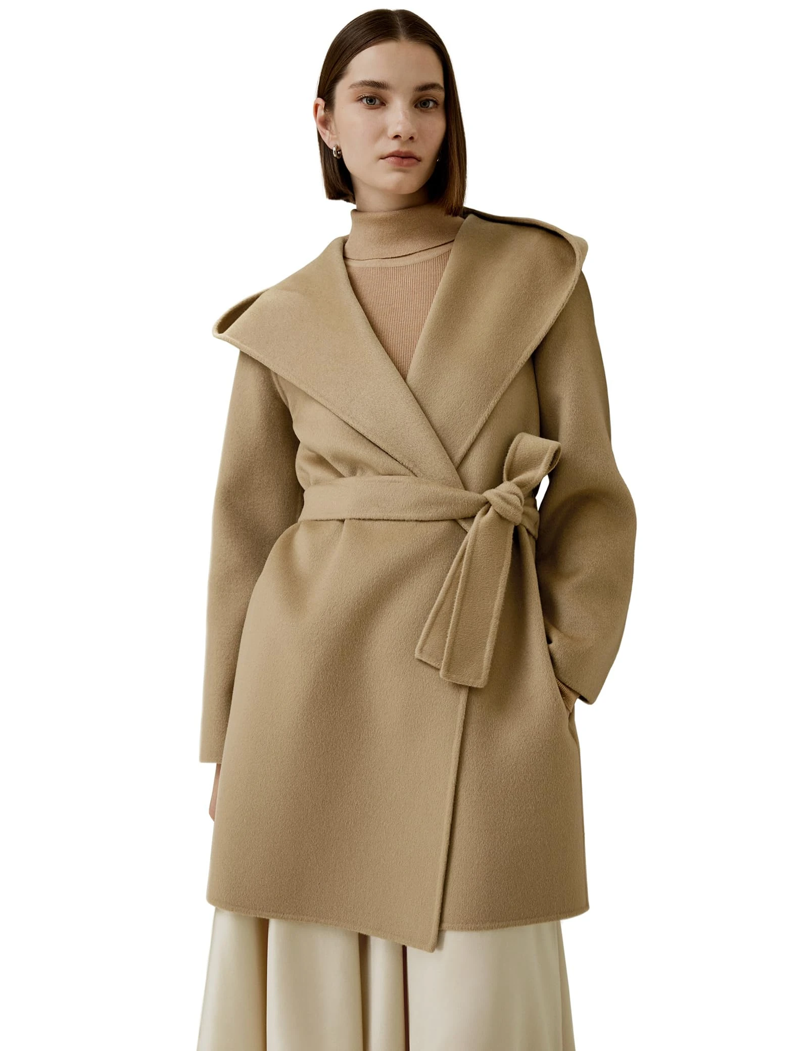 LilySilk Wool Cashmere Blend Womens Coat Short Hoodie Winter Coats Casual with Matching Belt & Insert Silk Pocket(Camel,L)