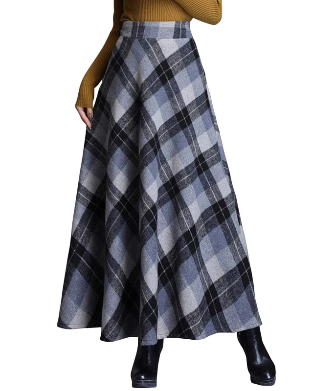 ebossy Women's Vintage High Waist Wool Blend Plaid A-Line Long Maxi Skirt with Pocket, Plaid Grey, M