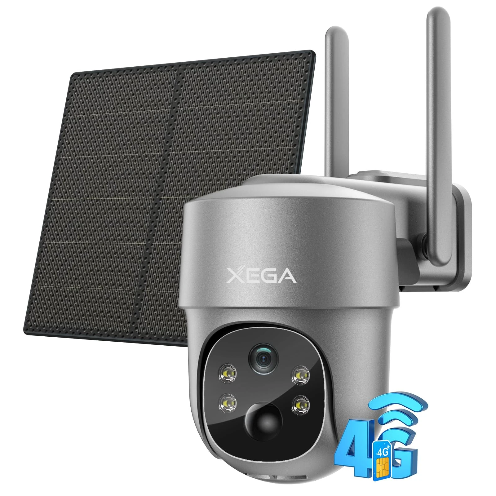 Xega 4G LTE Cellular Security Camera Solar With SIM Card, Outdoor Wireless No WiFi Security Cam CCTV, 2K HD PTZ Night Vision Motion Detection Notification Alarm TF&Cloud Storage(Not Support WiFi)
