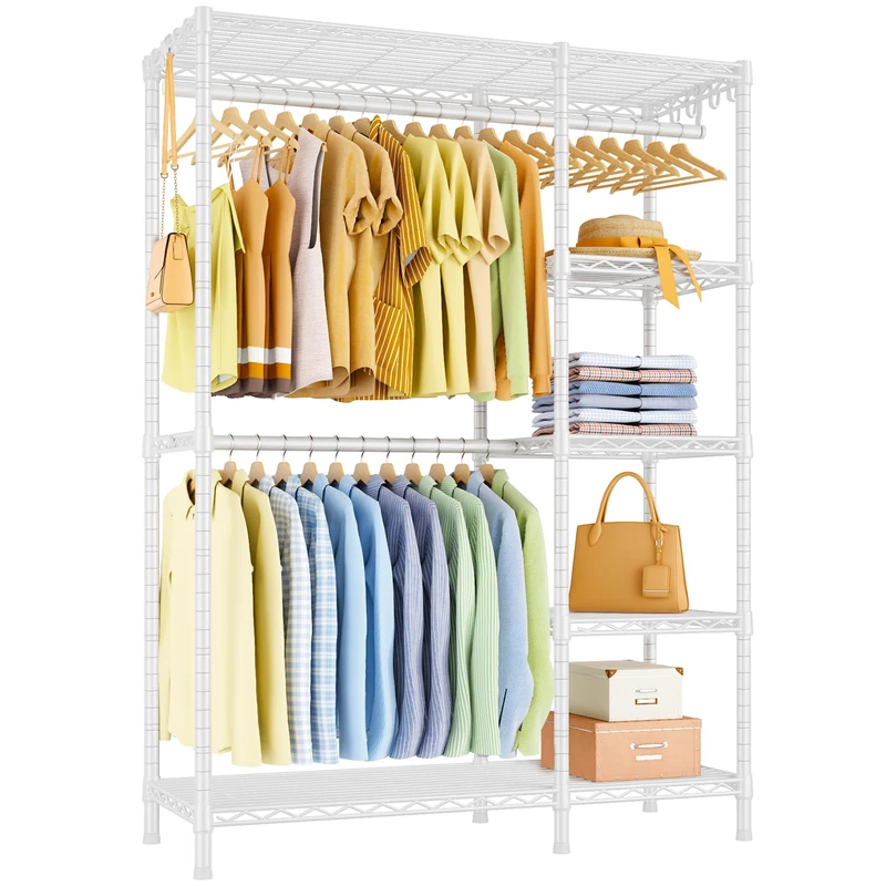 Ulif F2 Closet Garment Rack, 5 Tiers Freestanding and Height Adjustable Heavy Duty Clothes Storage Organizer with 2 Hanger Rods for Bedroom, 44.8" W x 14.5" D x 79.3" H, White