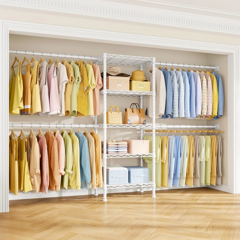 Ulif M2 Closet Organizer System, 5.9 Feet Height Mounted to the Wall Garment Rack with 4 Expandable Hanger Rods, 5 Shelves in 23.6" L x 14.5" W, Suit Total Space from 5.8-8.8 ft, White